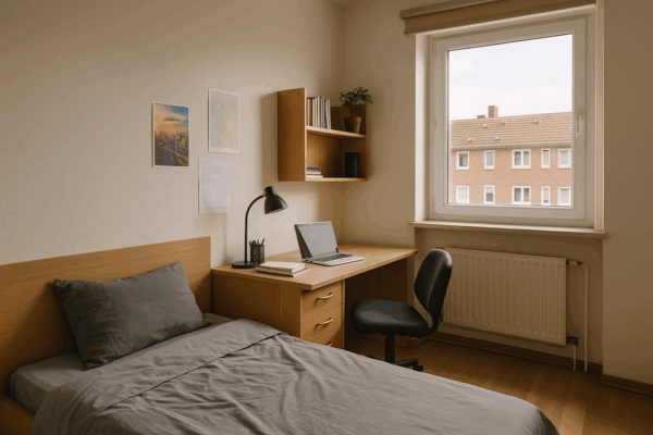 Φοιτητικό δωμάτιο με φυσικό φωτισμό, γραφείο και μονό κρεβάτι