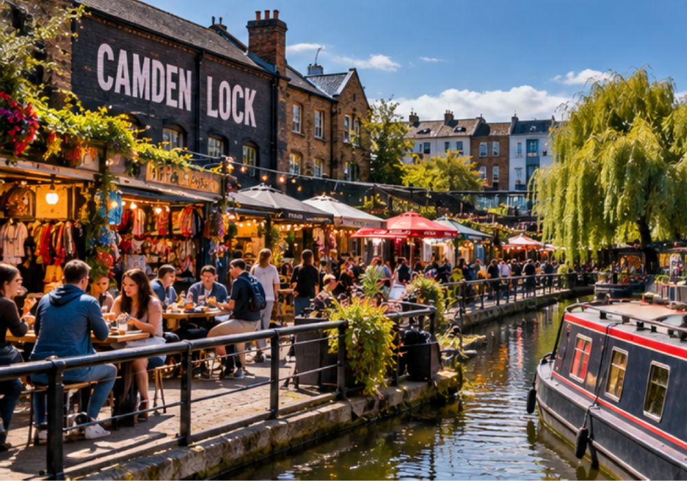 Camden Market στο Λονδίνο με street food, υπαίθρια καφέ και νεανική φοιτητική ατμόσφαιρα δίπλα στο κανάλι