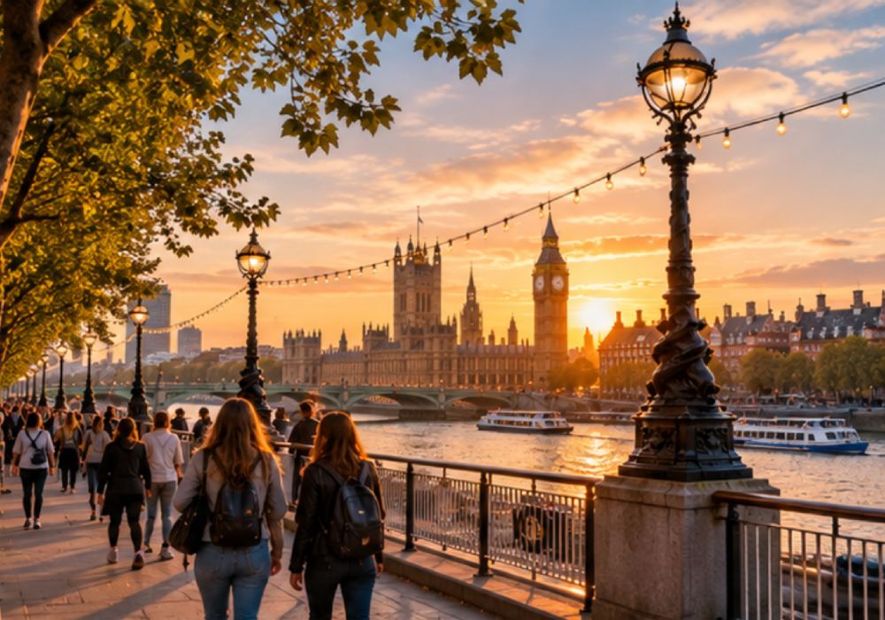 Βόλτα στο South Bank του Λονδίνου με θέα το Big Ben, το Westminster και τον Τάμεση στο ηλιοβασίλεμα